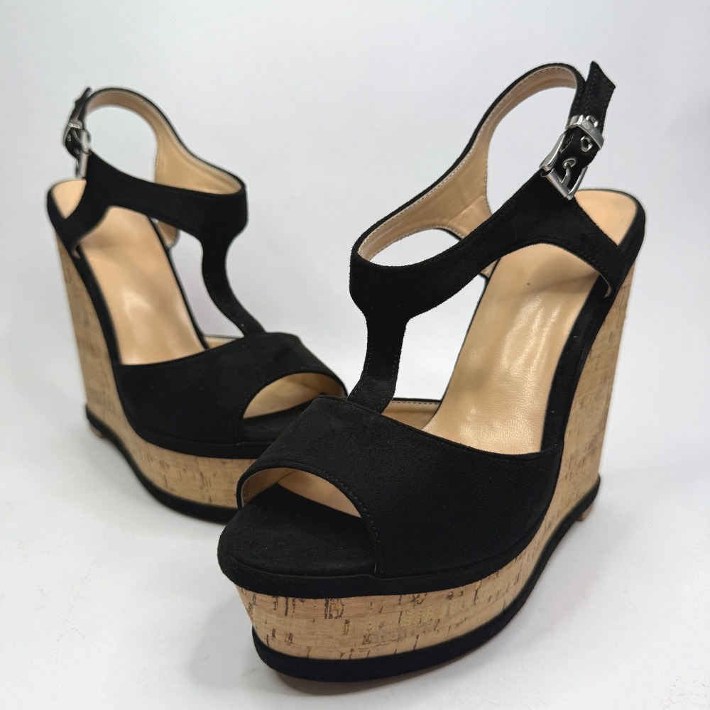 IDIFU IN5 Polly Wedges Womens 9 Black Nubuck Cork Platform T-Strap Sandals